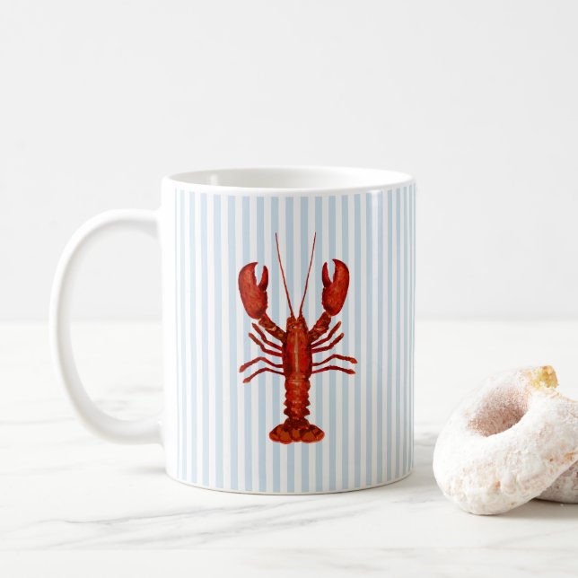 Lobster Painting Nautical Blue Stripe Coastal Coffee Mug (With Donut)