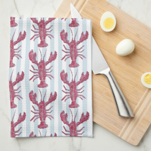 Lobster Painting Nautical Blue Stripe Coastal Kitchen Towel