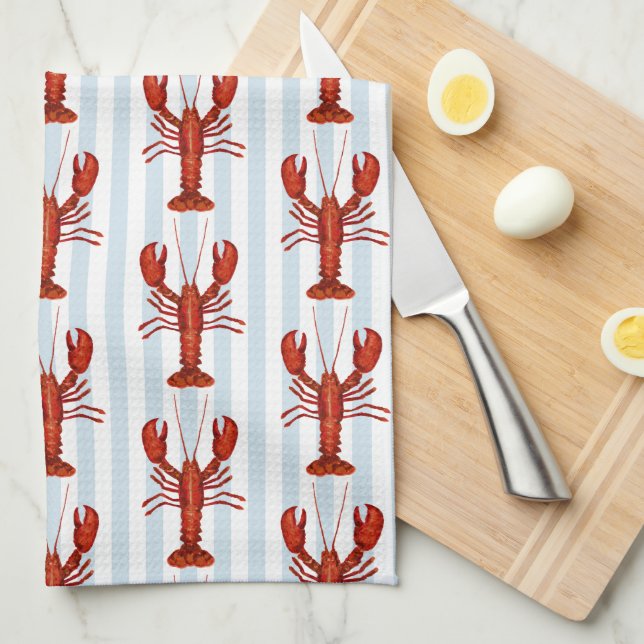 Lobster Painting Nautical Blue Stripe Coastal Kitchen Towel (Quarter Fold)