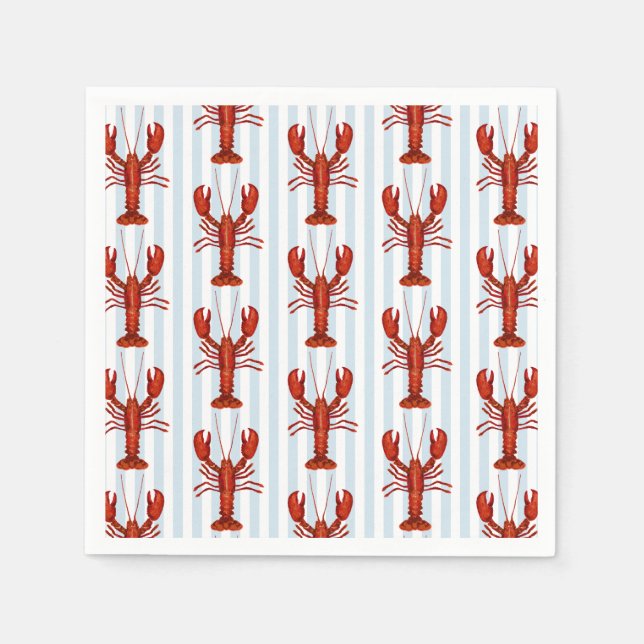 Lobster Painting Nautical Blue Stripe Coastal Napkins (Front)