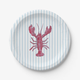 Lobster Painting Nautical Blue Stripe Coastal Paper Plates