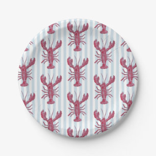 Lobster Painting Nautical Blue Stripe Coastal Paper Plates