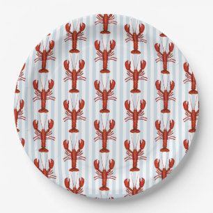 Lobster Painting Nautical Blue Stripe Coastal Paper Plates