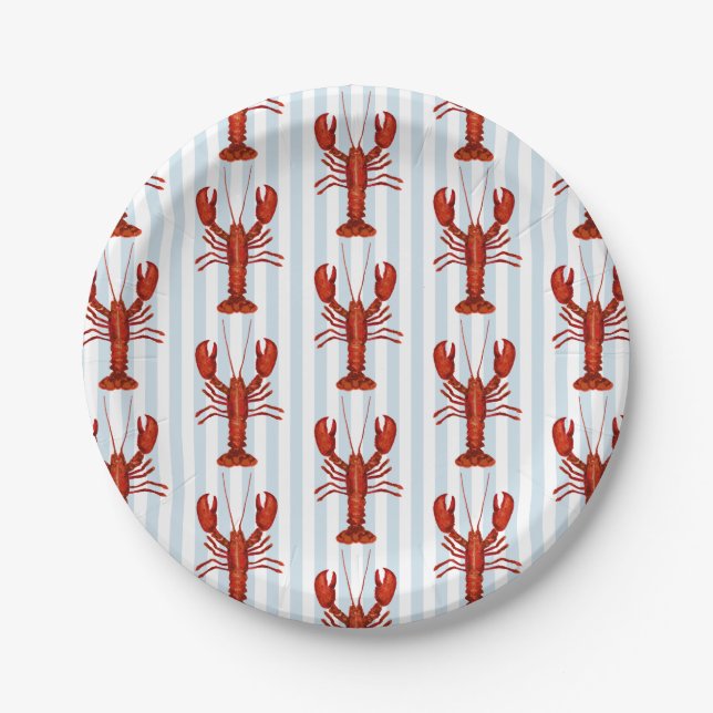 Lobster Painting Nautical Blue Stripe Coastal Paper Plates (Front)