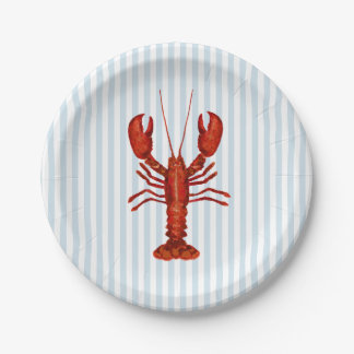 Lobster Painting Nautical Blue Stripe Coastal Paper Plates