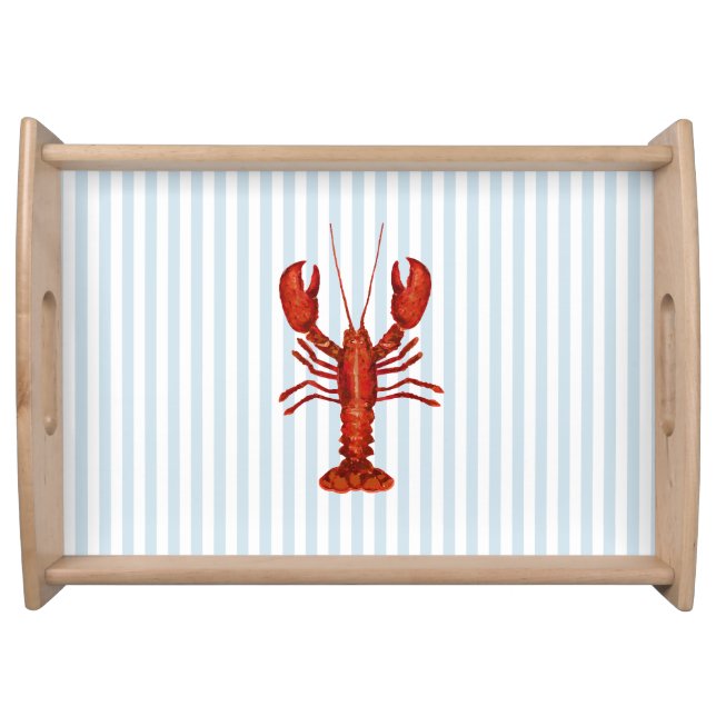 Lobster Painting Nautical Blue Stripe Coastal Serving Tray (Front)