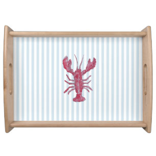 Lobster Painting Nautical Blue Stripe Coastal Serving Tray