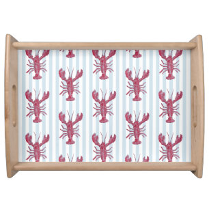 Lobster Painting Nautical Blue Stripe Coastal Serving Tray