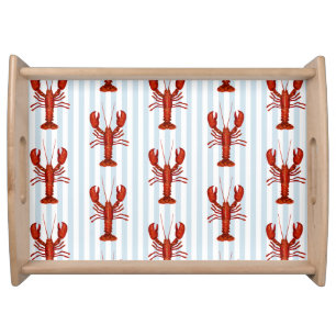 Lobster Painting Nautical Blue Stripe Coastal Serving Tray
