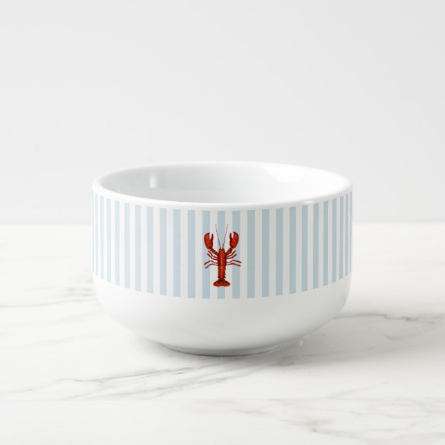 Lobster Painting Nautical Blue Stripe Coastal Soup Mug (Front)