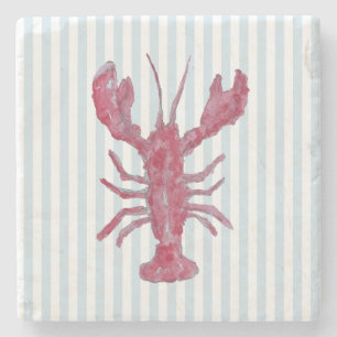 Lobster Painting Nautical Blue Stripe Coastal Stone Coaster