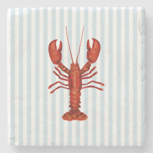 Lobster Painting Nautical Blue Stripe Coastal Stone Coaster
