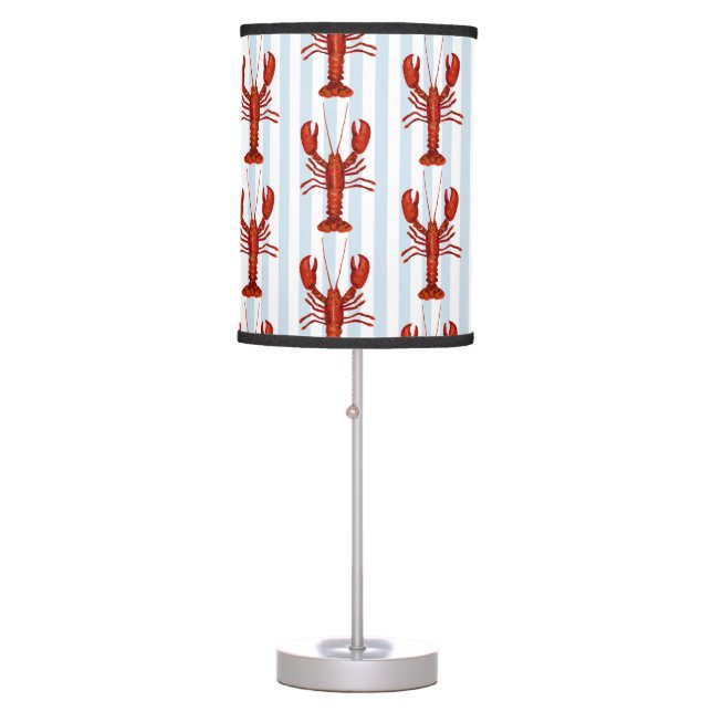 Lobster Painting Nautical Blue Stripe Coastal Table Lamp (Front)