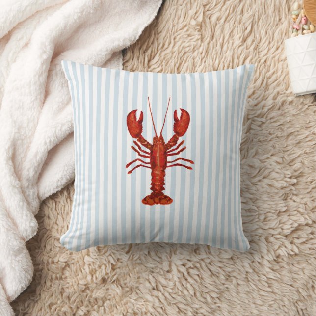 Lobster Painting Nautical Blue Stripe Coastal Throw Pillow (Blanket)