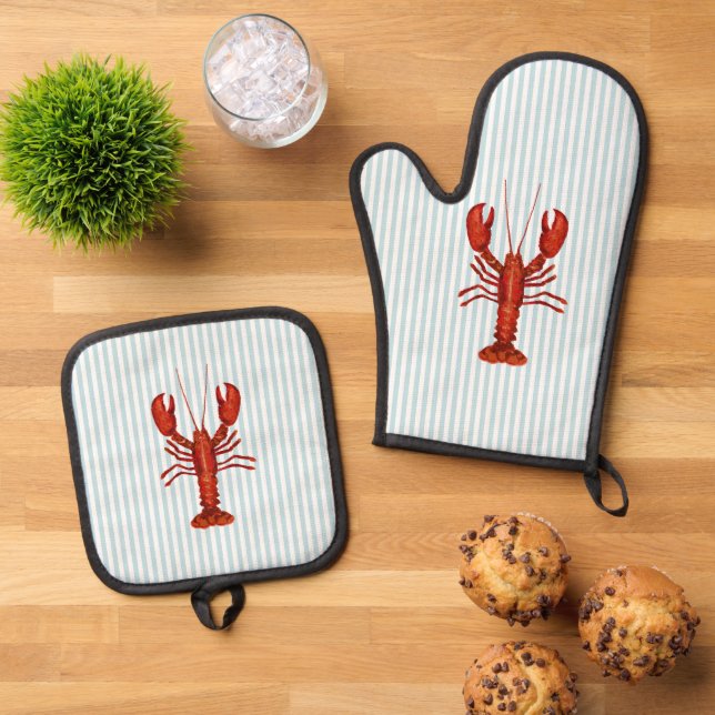 Lobster Painting Nautical Coastal Oven Mitt & Pot Holder Set (Top Down)