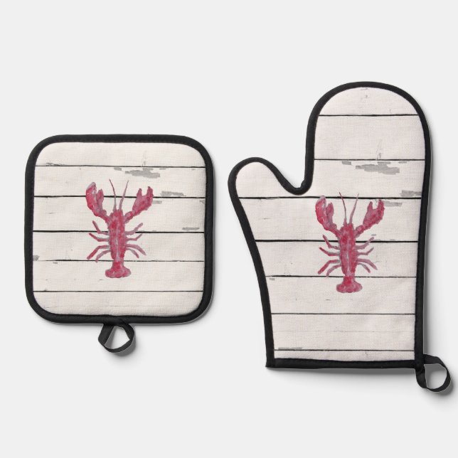 Lobster Painting Nautical Coastal Oven Mitt & Pot Holder Set (Front)