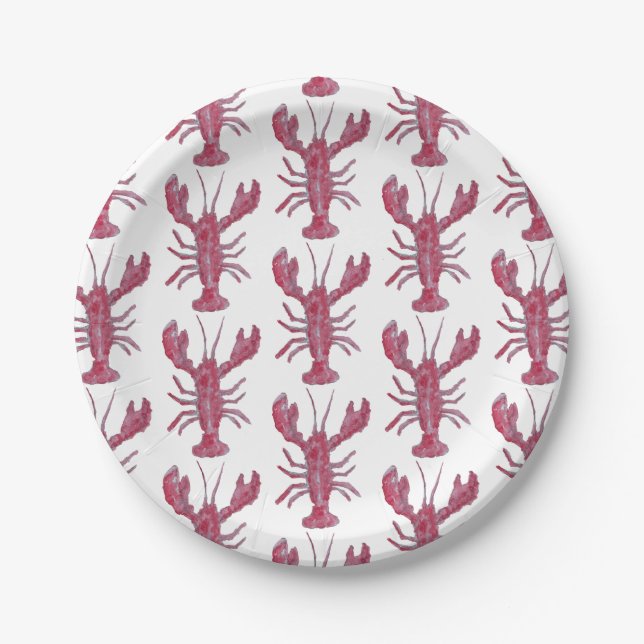 Lobster Painting Nautical Pattern Coastal Paper Plates (Front)