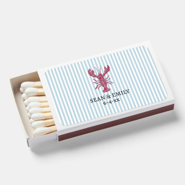 Lobster Painting Nautical Stripe Wedding Matchboxes (Front Open)