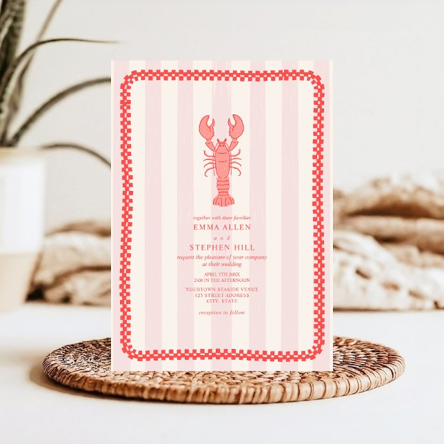 Lobster Pink Stripe Checkerboard Nautical Wedding Invitation (Creator Uploaded)