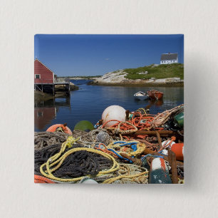 Lobster pots, buoys, and ropes on the dock at button