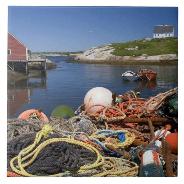 Lobster pots, buoys, and ropes on the dock at ceramic tile (Front)