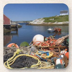 Lobster pots, buoys, and ropes on the dock at drink coaster