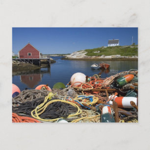 Lobster pots, buoys, and ropes on the dock at postcard