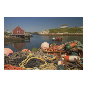 Lobster pots, buoys, and ropes on the dock at wood wall art