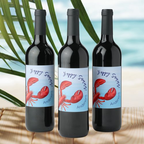 Lobster red blue sea happy summer name wine label