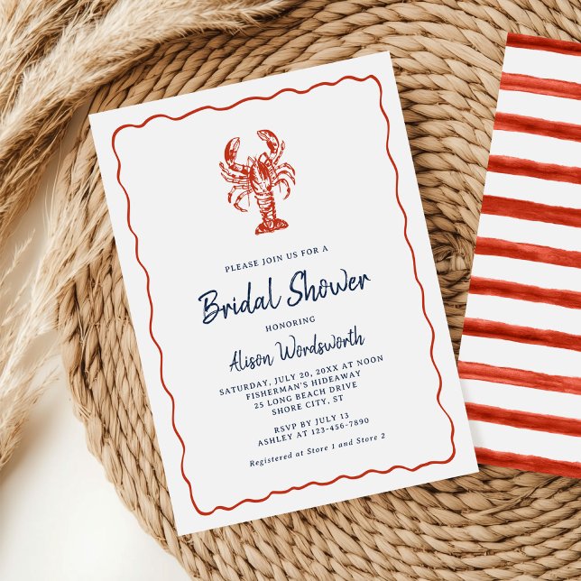 Lobster Red Coastal Stripes Bridal Shower Invitation (Creator Uploaded)