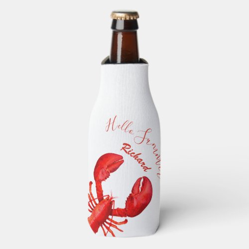 Lobster red white hello summer name seafood bottle cooler