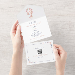 Lobster Rustic Beach Wedding Red & Blue QR RSVP All In One Invitation