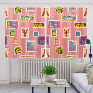 lobster sardine lemon seafood stamp collage stripe blackout curtains
