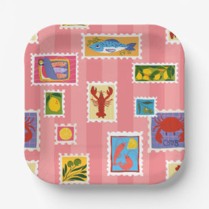 lobster sardine lemon seafood stamp collage stripe paper plates