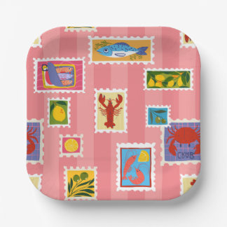 lobster sardine lemon seafood stamp collage stripe paper plates