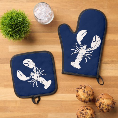 Lobster Seafood Navy Blue and White Elegant Oven Mitt  Pot Holder Set