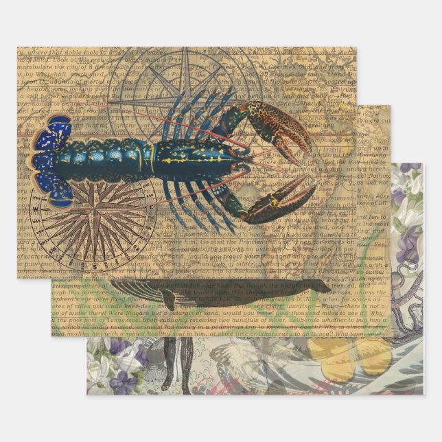 Lobster Shellfish Seafood Maine Classic Ocean Wrapping Paper Sheets (Set)