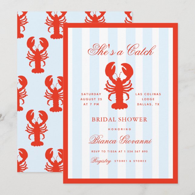 Lobster She's a Catch Beach Coastal Bridal Shower Invitation (Front/Back)