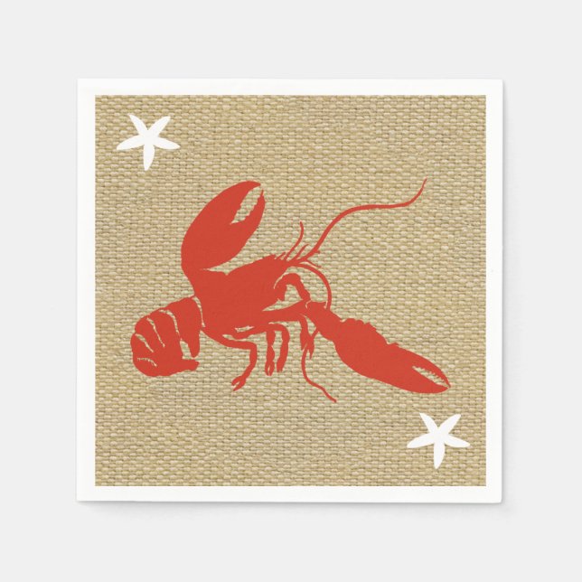 Lobster & Starfish Nautical Beach Faux Burlap Paper Napkins (Front)