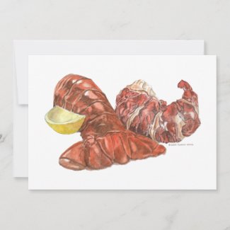 Invitation card printed with a watercolor illustration of a cooked lobster shell with the meat separated from the shell