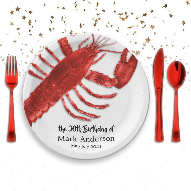Lobster Themed Birthday Party Paper Plates (Red Lobster Themed Birthday Party Celebration Paper Plates)