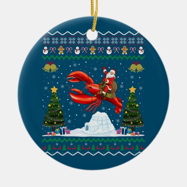 Lobster Ugly Xmas Gift Santa Riding Lobster Christ Ceramic Ornament (Front)