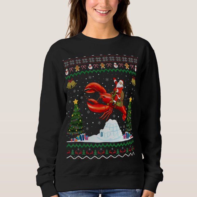 Lobster Ugly Xmas Santa Riding Lobster Christmas Sweatshirt (Front)
