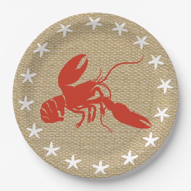 Lobster & White Starfish Nautical Beach "Burlap" Paper Plates (Front)