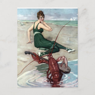 Lobster With Banjo Serenading Beach Girl Postcard