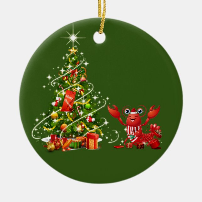Lobster With Christmas Scafts Santa Hat Ceramic Ornament (Front)