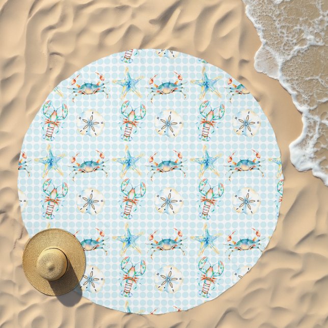 Lobsters and Crabs Watercolor Blue Beach Towel (Beach)
