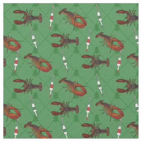 Lobsters and Fishing Buoys on Green Christmas Fabric