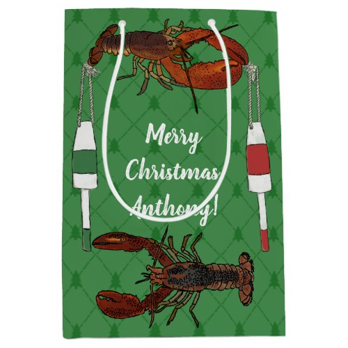 Lobsters and Fishing Buoys on Green Christmas  Medium Gift Bag