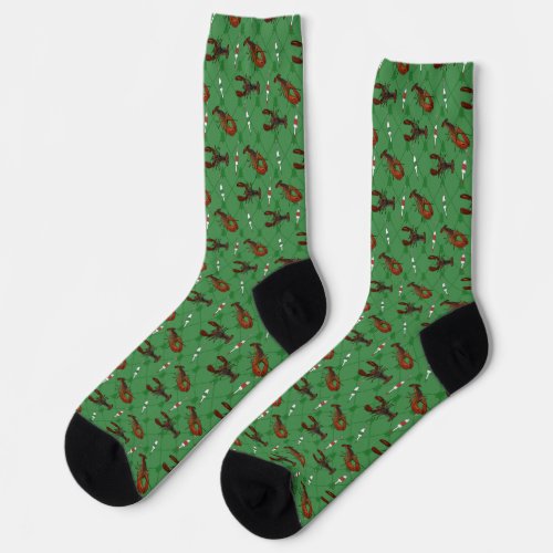 Lobsters and Fishing Buoys on Green Christmas Socks